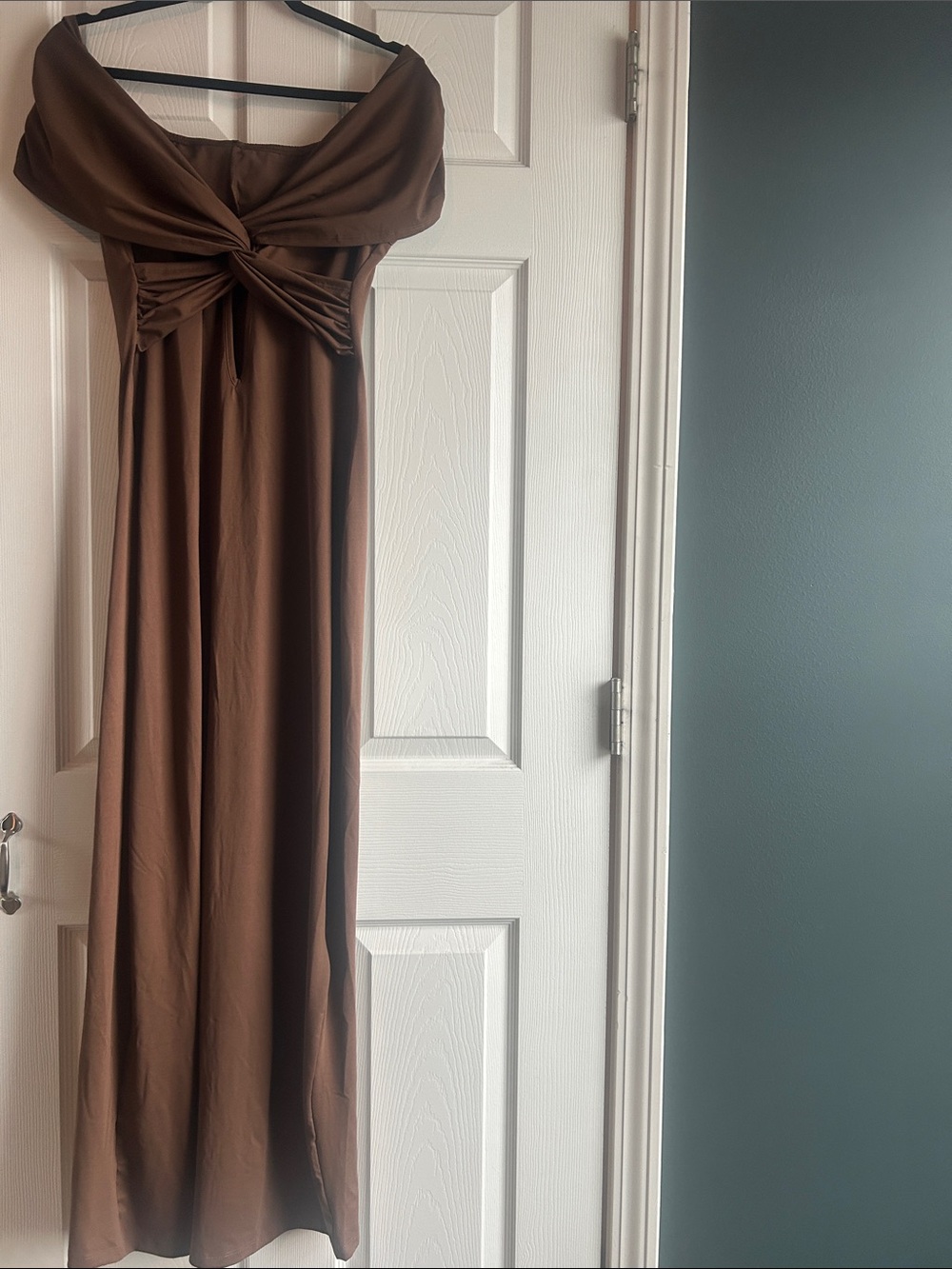 Brown Off the Shoulder Draped Knot Dress